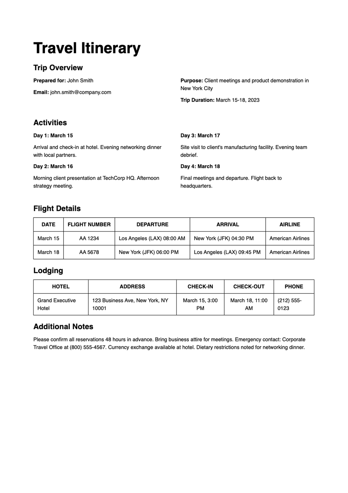 Professional business travel itinerary with flight lodging and activities details_variant_3
